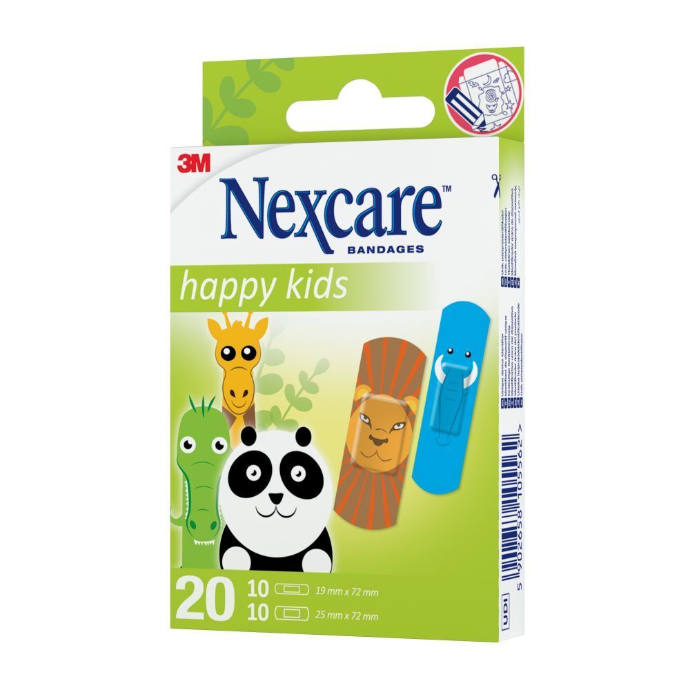 Nexcare happy kids pleisterverpakking. 20 pleisters met dierenmotieven. 10 van 19x72mm, 10 van 25x72mm.