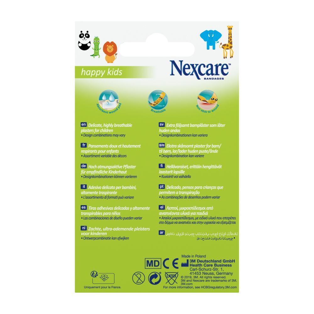 Achterkant van de Nexcare happy kids pleisterverpakking. Bevat informatie en pictogrammen.