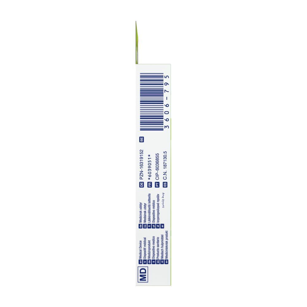 Zijaanzicht van de Nexcare happy kids pleisterverpakking. Met barcode en productinformatie.