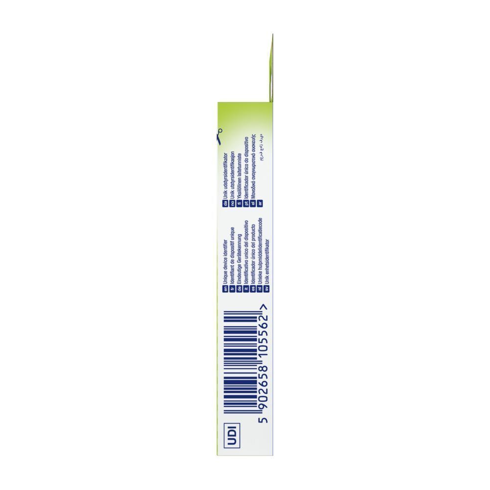 Zijaanzicht van de Nexcare happy kids pleisterverpakking. Met barcode en productinformatie.