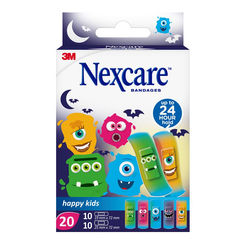 Verpackung mit Nexcare happy kids Pflastern. Enthält 20 Pflaster, verschiedene Monster-Designs. 3M-Logo und Produktname deutlich sichtbar.