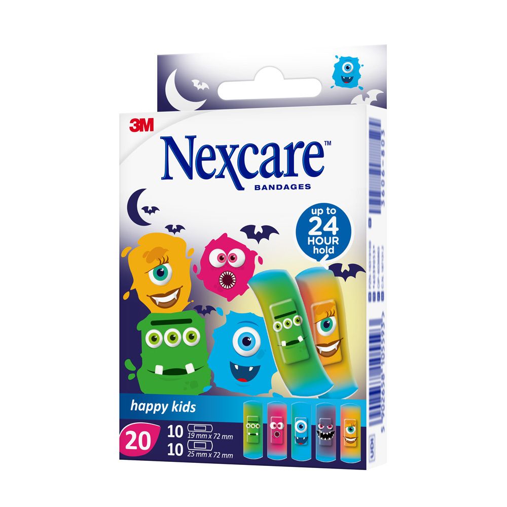 Verpackung mit Nexcare happy kids Pflastern. Enthält 20 Pflaster, verschiedene Monster-Designs. 3M-Logo und Produktname deutlich sichtbar.