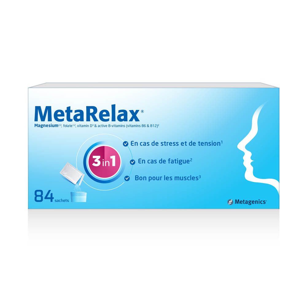 Boîte MetaRelax®. 84 sachets. Magnésium, folate, vitamine D & vitamines B. 3 en 1.