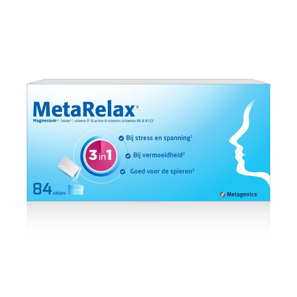 MetaRelax®-verpakking. 84 zakjes. Magnesium, folaat, vitamine D & B-vitamines. 3 in 1.
