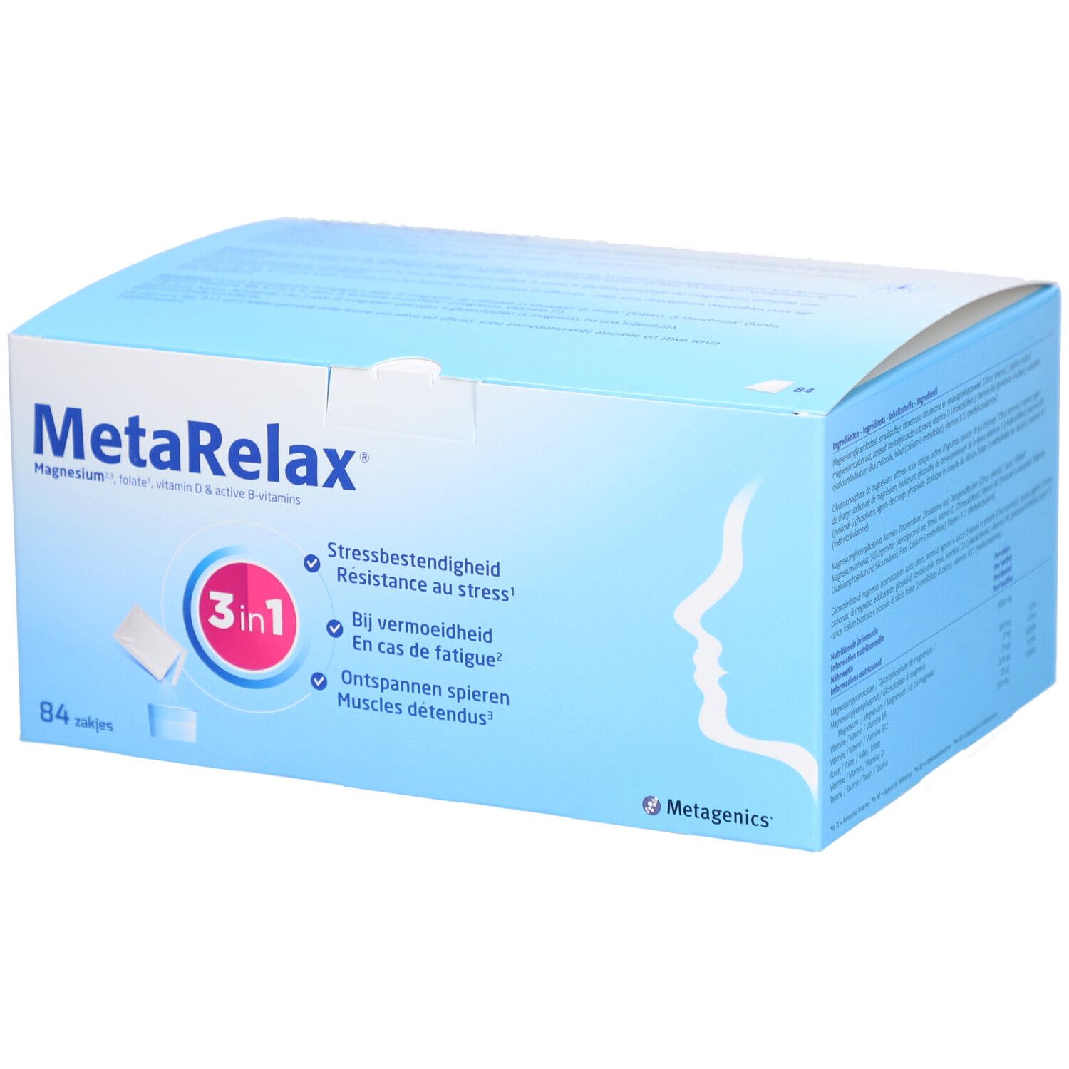 Boîte MetaRelax®. 84 sachets. Magnésium, folate, vitamine D & vitamines B. 3 en 1.