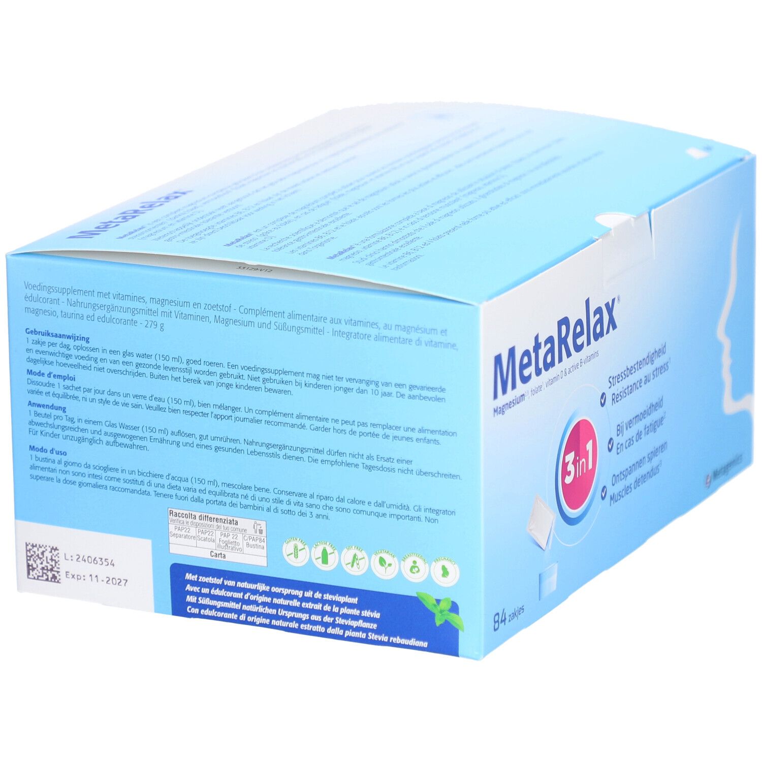 Boîte MetaRelax®. 84 sachets. Magnésium, folate, vitamine D & vitamines B. 3 en 1.