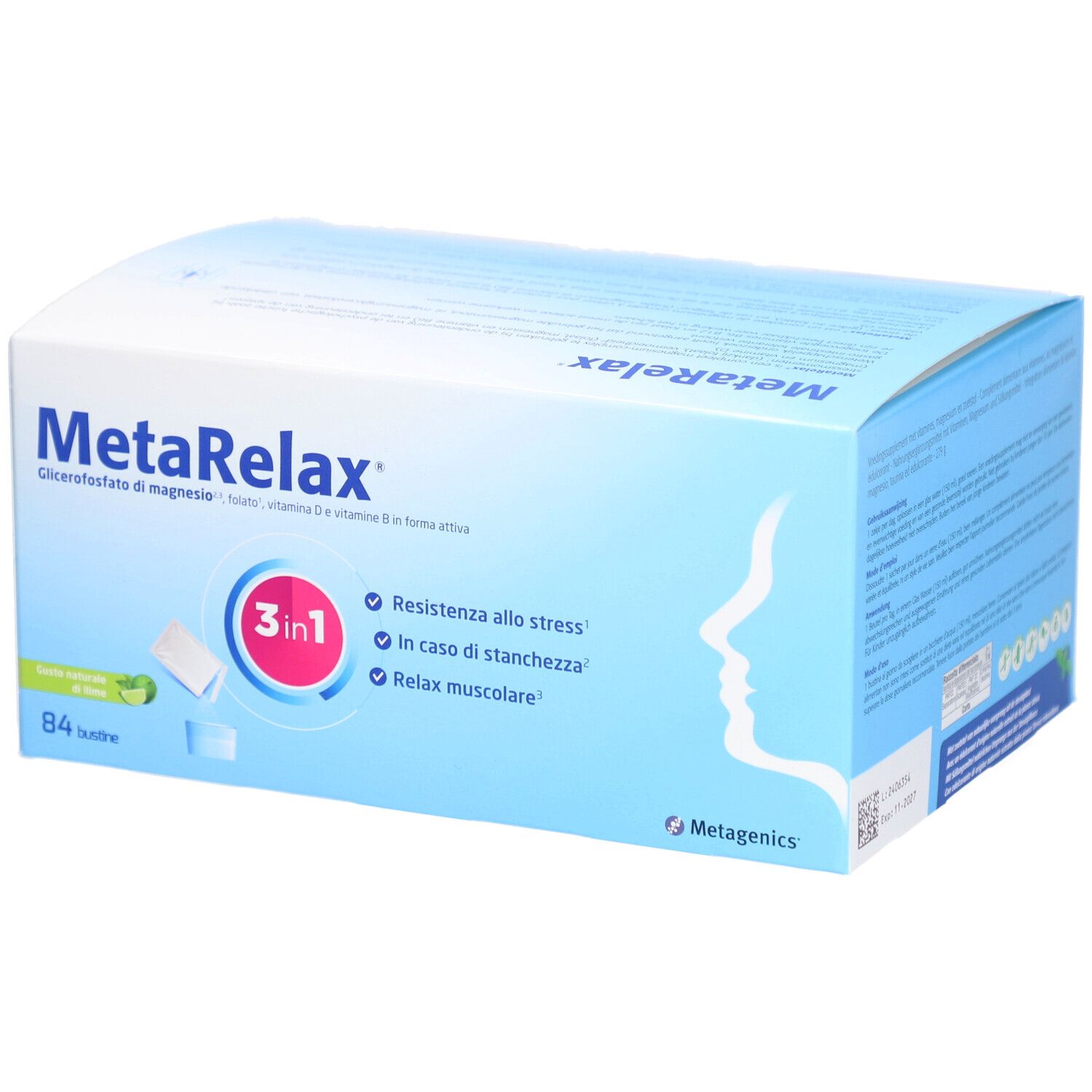 Boîte MetaRelax®. 84 sachets. Magnésium, folate, vitamine D & vitamines B. 3 en 1.