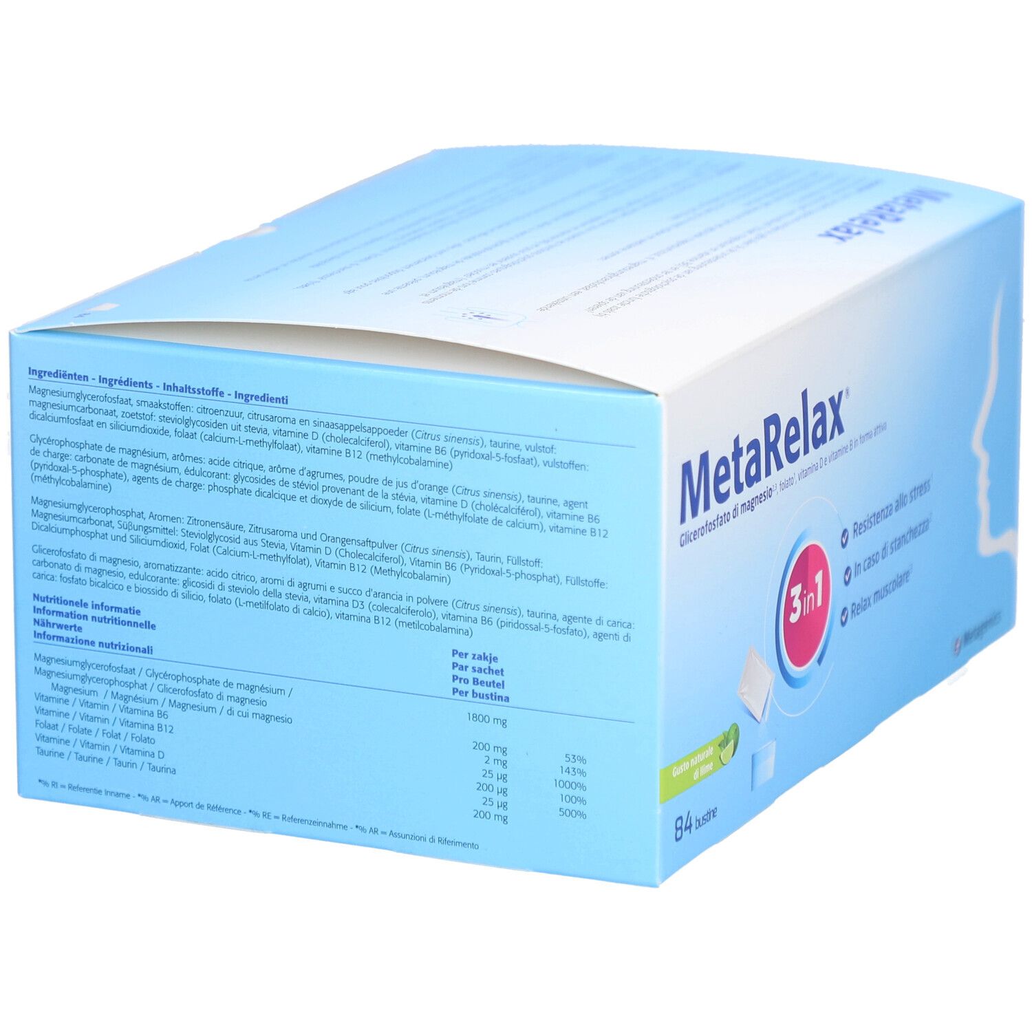 Boîte MetaRelax®. 84 sachets. Magnésium, folate, vitamine D & vitamines B. 3 en 1.