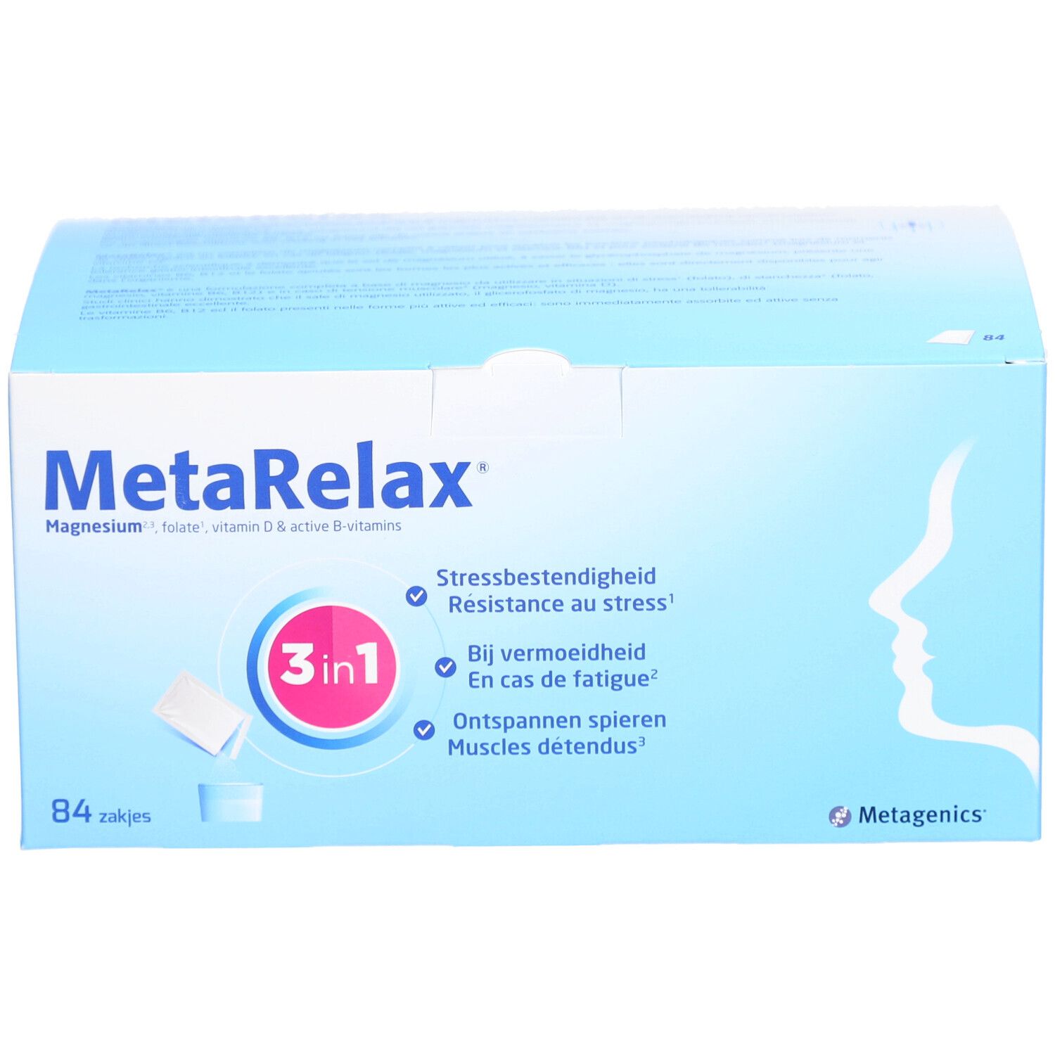 Boîte MetaRelax®. 84 sachets. Magnésium, folate, vitamine D & vitamines B. 3 en 1.
