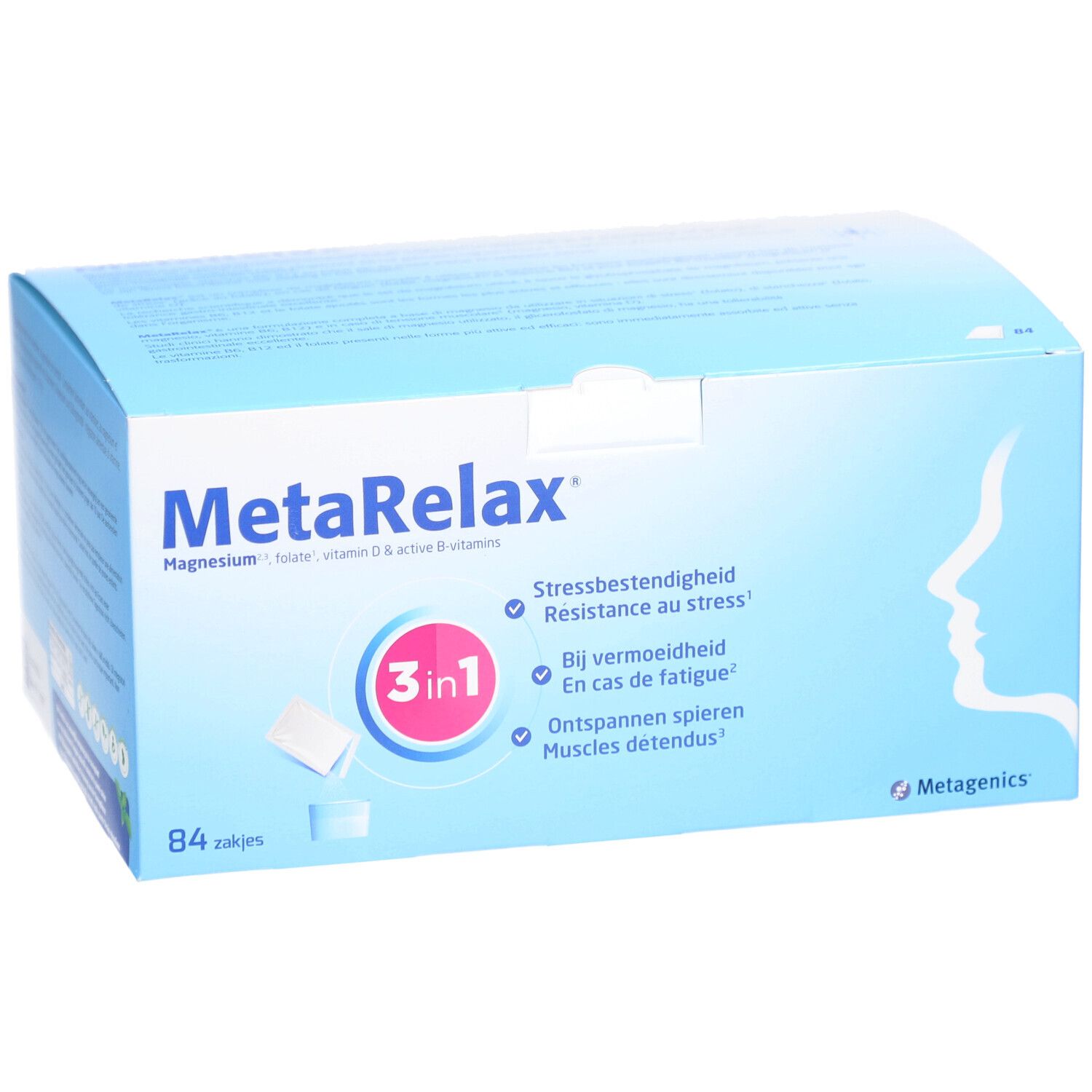 Boîte MetaRelax®. 84 sachets. Magnésium, folate, vitamine D & vitamines B. 3 en 1.