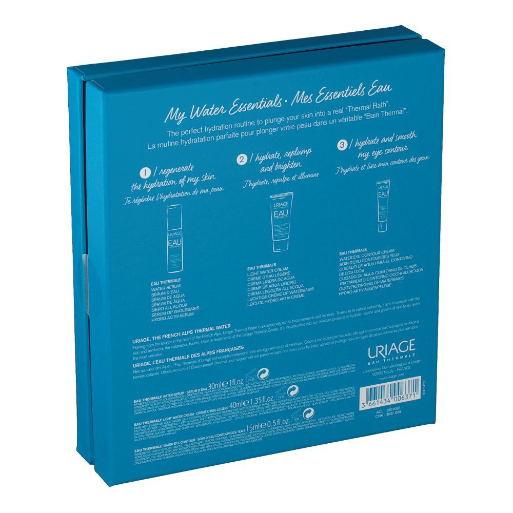 Dos d'un coffret cadeau bleu. Texte décrivant les produits et leurs bénéfices. Logo Uriage et noms des produits visibles.