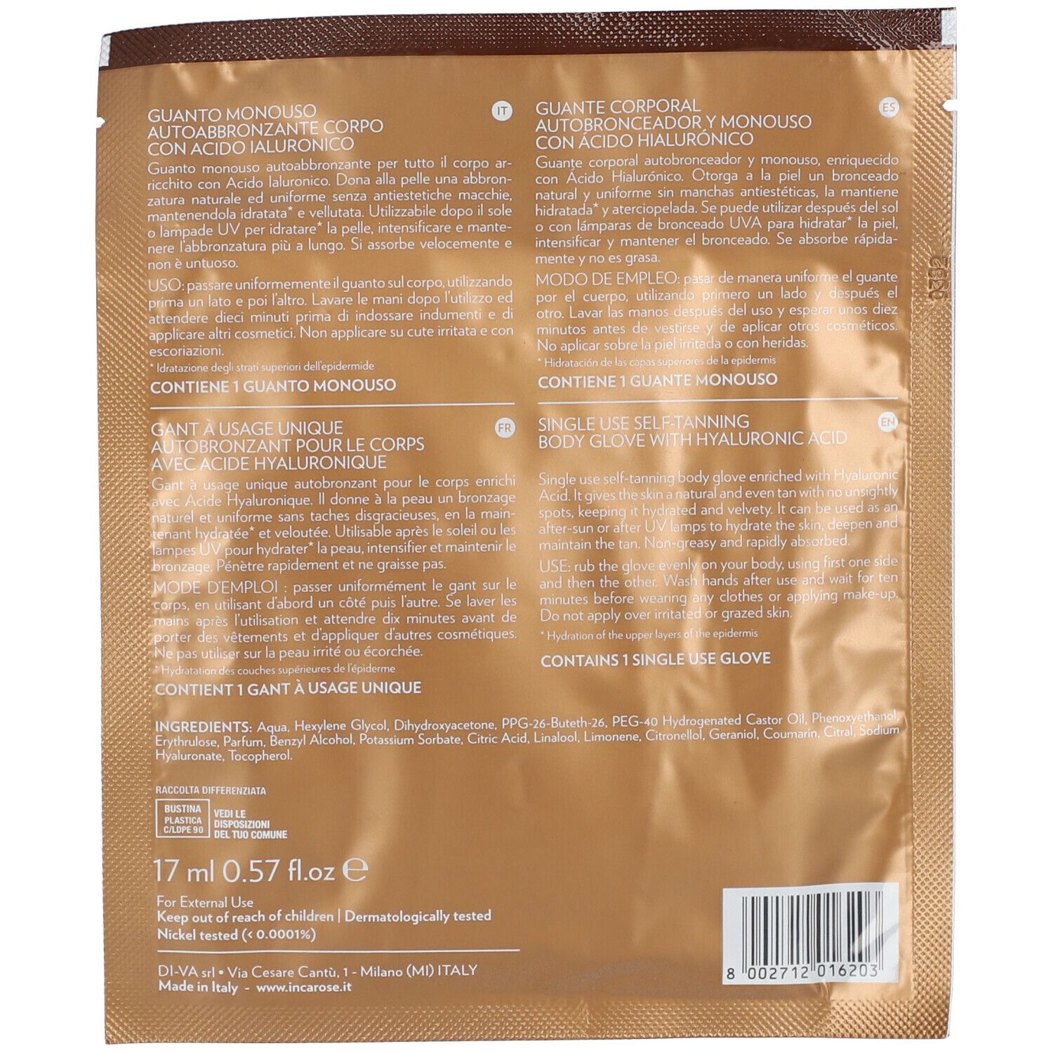Rückseite der Verpackung mit Text und Inhaltsangaben. Goldfarbener Hintergrund. Marke Incarose.