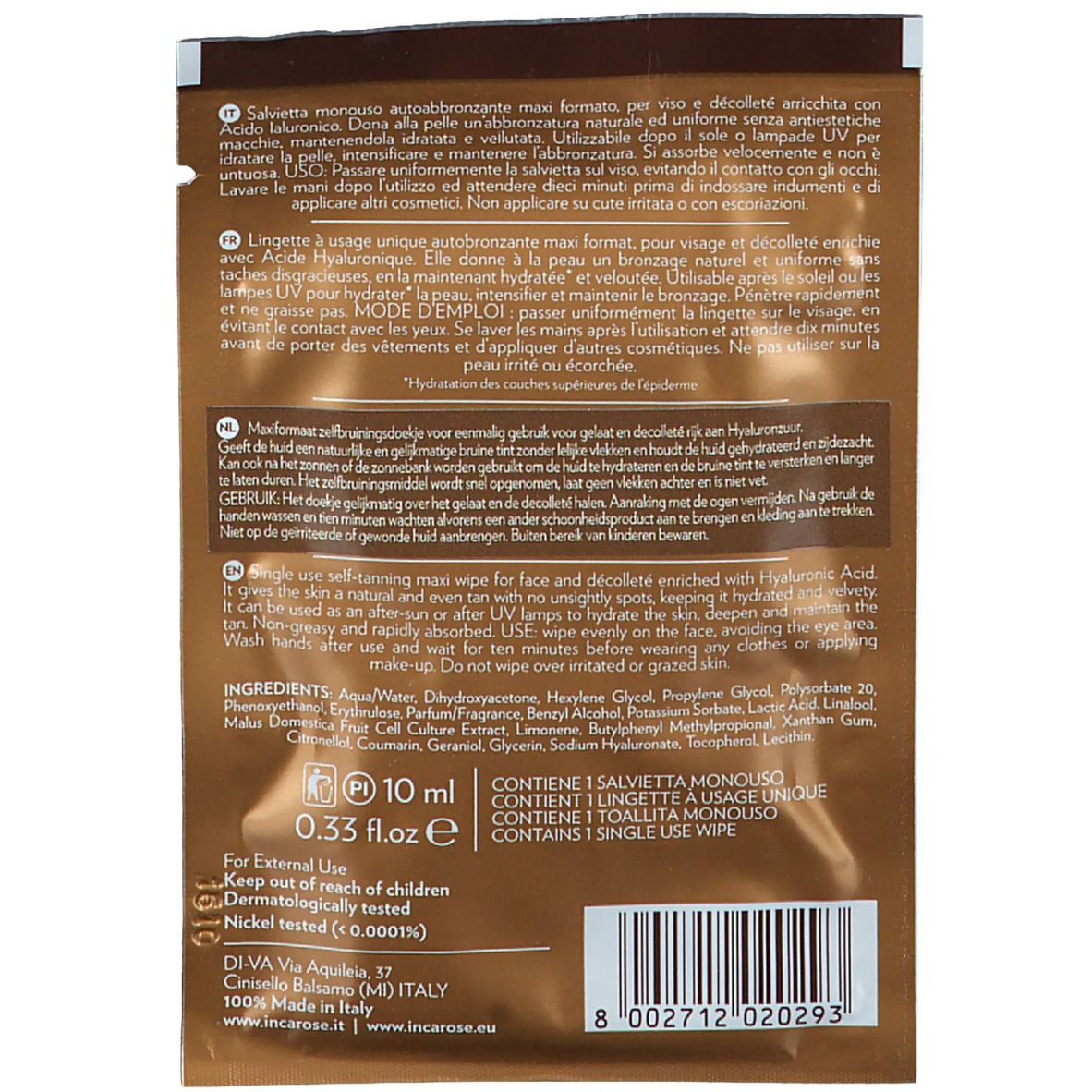 Rückseite der Verpackung. Text in mehreren Sprachen. Enthält eine einzelne, selbstbräunende Serviette. 10 ml.