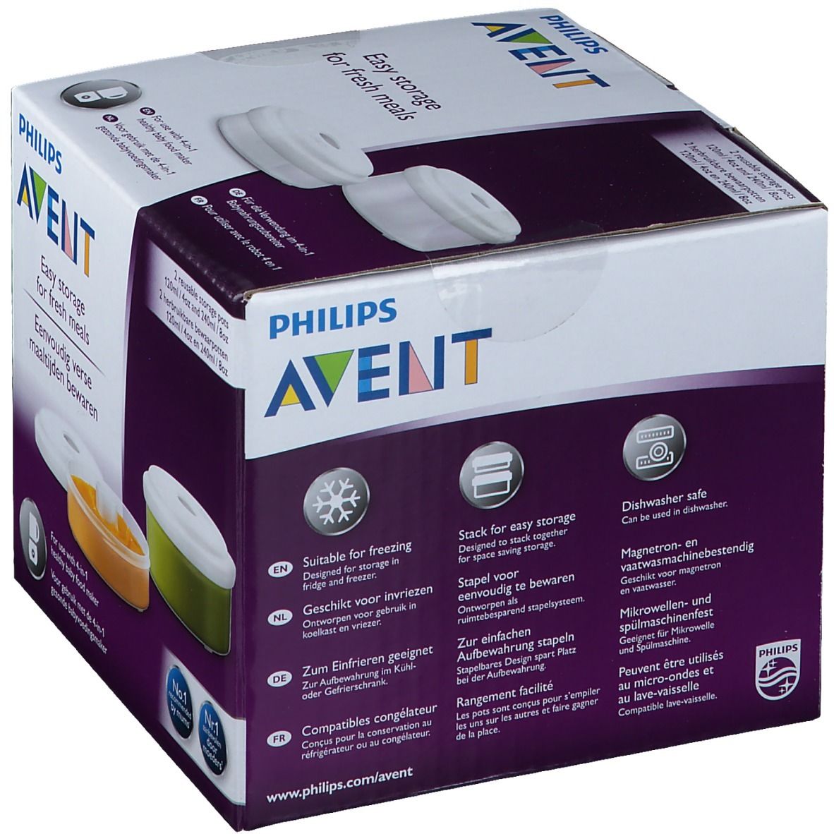 Emballage avec logo Philips AVENT. Texte: Congélation, empilable, lave-vaisselle. Images de pots.