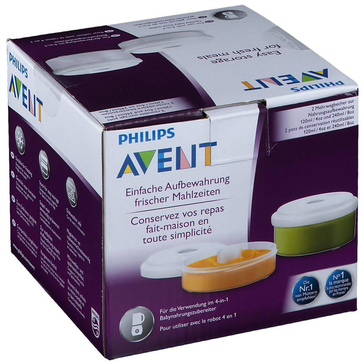 Emballage avec logo Philips AVENT. Texte: Conservez vos repas faits maison en toute simplicité. Images de pots.