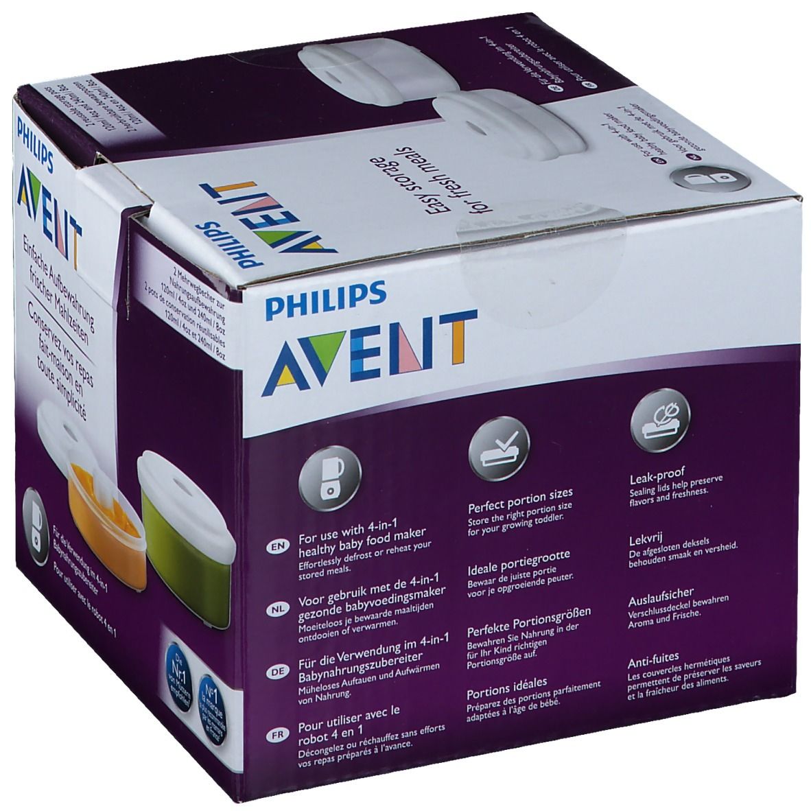 Emballage avec logo Philips AVENT. Texte: Tailles de portions parfaites, étanches. Images de pots.
