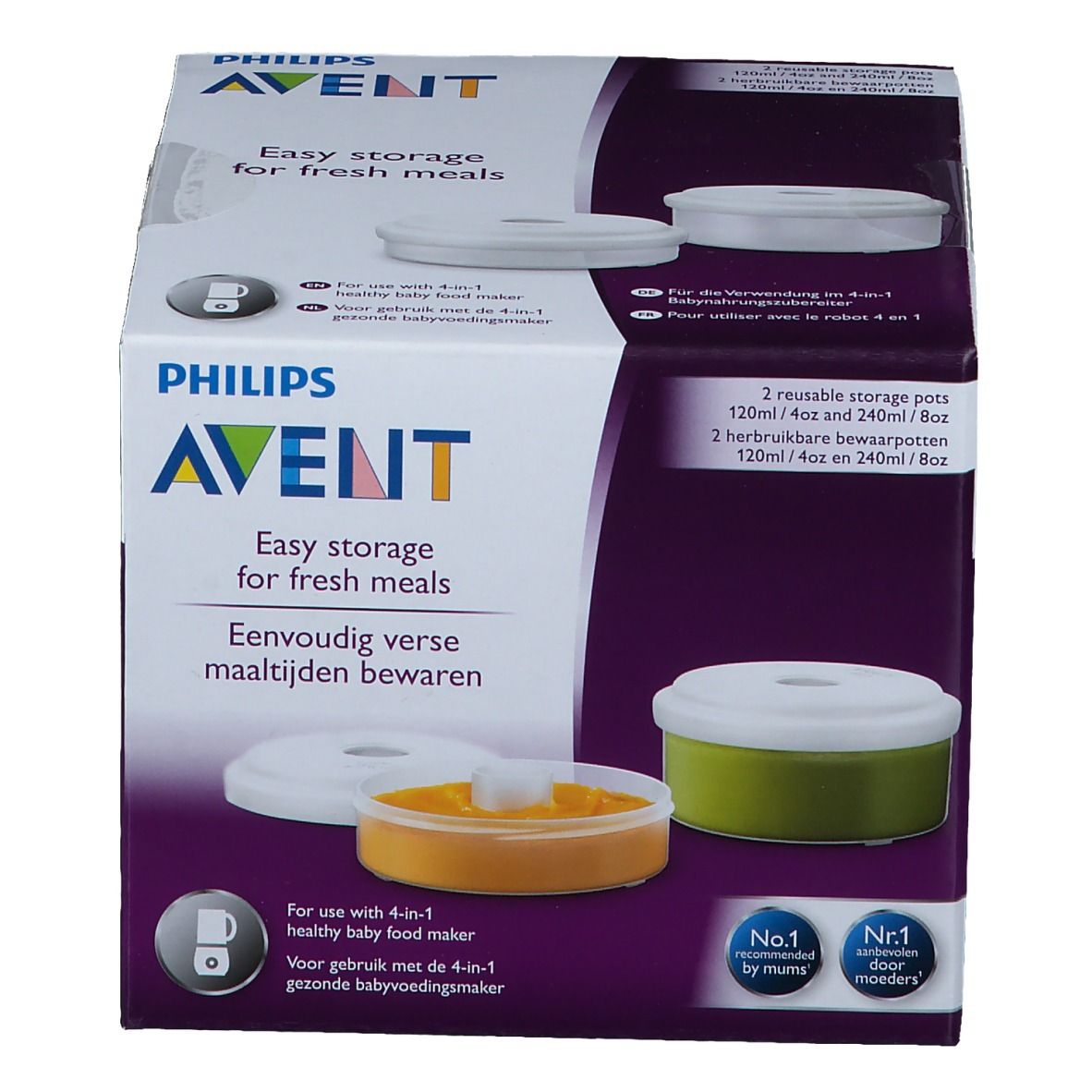 Emballage avec logo Philips AVENT. Contient deux pots de conservation réutilisables. Texte: Easy storage for fresh meals.