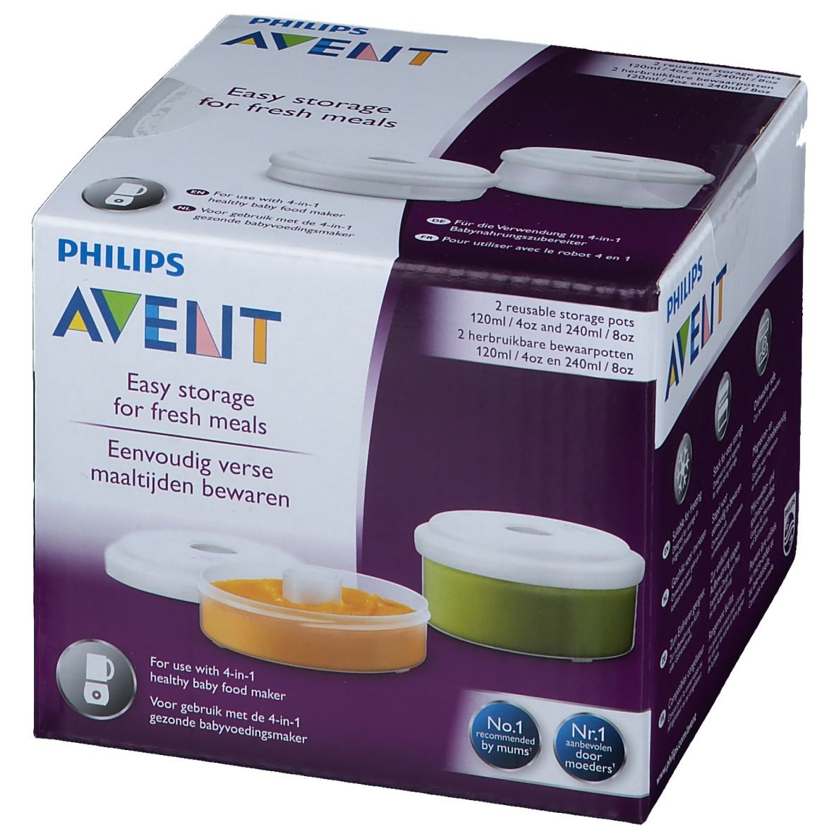 Emballage avec logo Philips AVENT. Contient deux pots de conservation réutilisables. Texte: Easy storage for fresh meals.