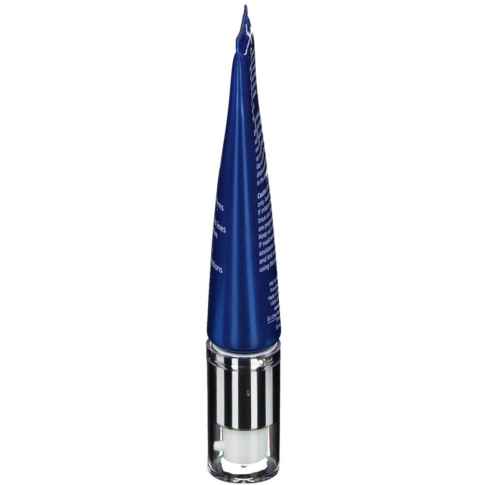 Blauw-zilveren tube, punt omhoog. Tekst op de tube. Productnaam niet zichtbaar. Witte achtergrond.