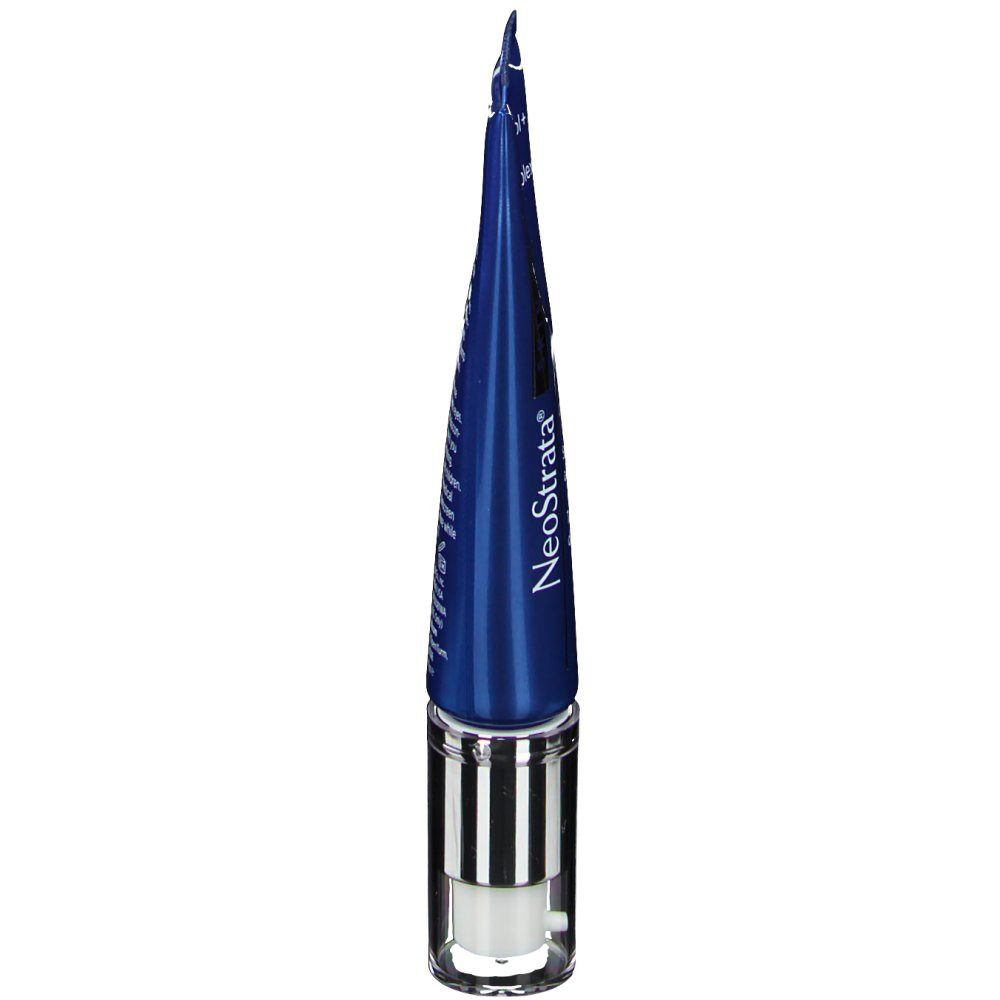 Blauw-zilveren tube, punt omhoog. Opschrift: NeoStrata. Witte achtergrond.
