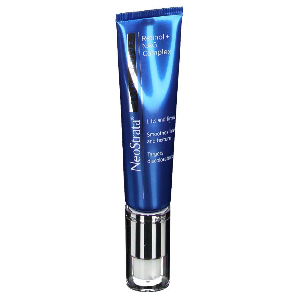 Blauw-zilveren tube. Opschrift: NeoStrata, Retinol + NAG Complex. Lift en verstevigt, verzacht lijntjes en textuur, pakt verkleuringen aan.