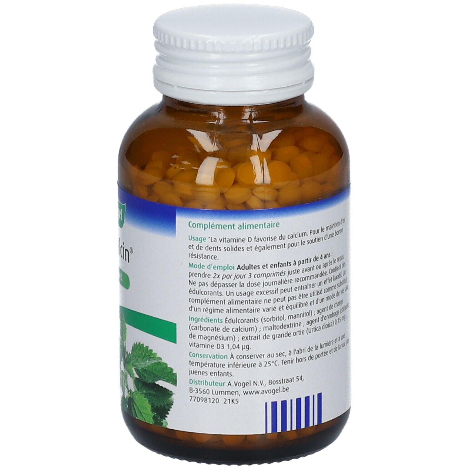 Rückseite einer braunen Glasflasche. Etikett mit Inhaltsstoffen und Verzehrempfehlung. A. Vogel Urticalcin. 1000 Tabletten.
