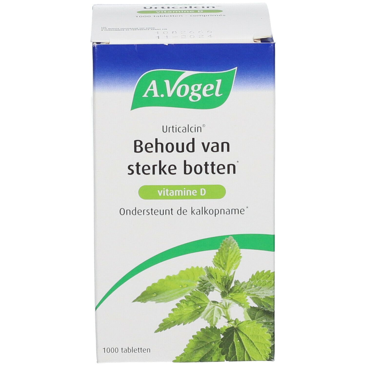 Weiße Schachtel mit A. Vogel, Urticalcin, Brennnessel-Illustration und Produktinformationen. 1000 Tabletten.