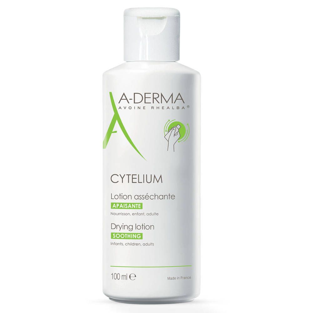 Weiße Flasche mit weißem Deckel. Aufschrift: A-DERMA CYTELIUM. Trocknende, beruhigende Lotion. 100 ml.