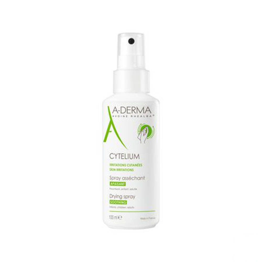 A-Derma Cytelium Spray. Flacon blanc avec vaporisateur. Nom du produit et logo visibles. 100 ml.