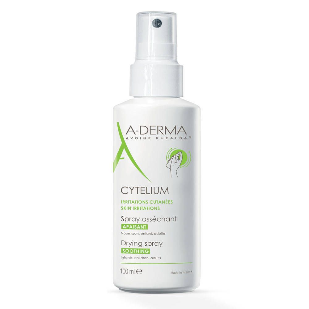 A-Derma Cytelium Spray. Flacon blanc avec vaporisateur. Nom du produit et logo visibles. 100 ml.