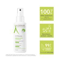 A-Derma Cytelium Spray. Flacon avec informations. Texte sur les ingrédients et l'utilisation.