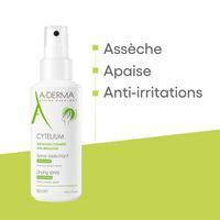 A-Derma Cytelium Spray. Flacon blanc avec vaporisateur. Nom du produit et logo visibles. 100 ml.