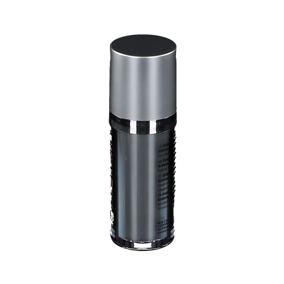 Zylindrische Flasche mit silbernem Deckel. Schwarze Oberfläche mit Text. ENDOCARE CELL PRO.