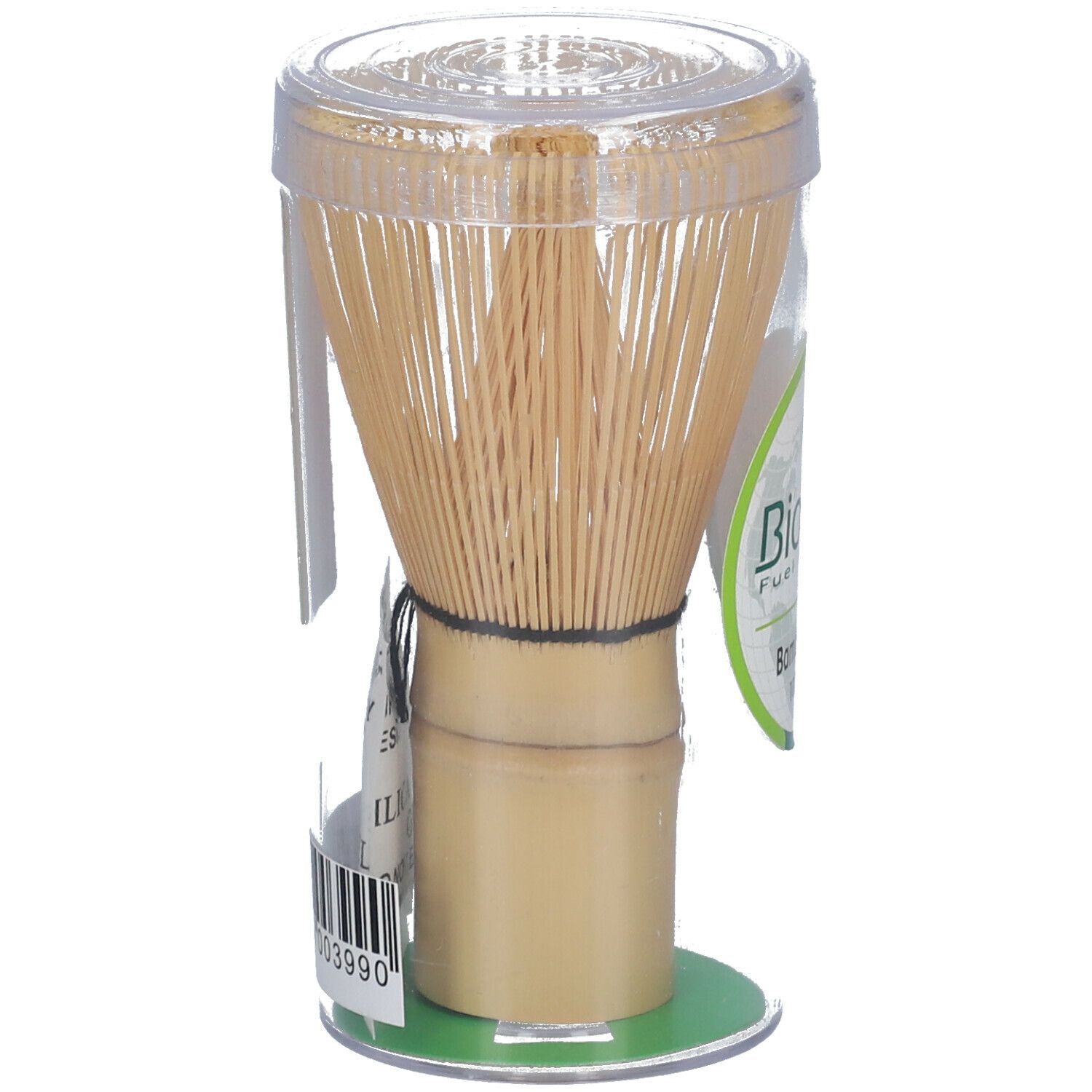 Bamboe klopper in verpakking. Zwarte band op handvat. Etiket met barcode.