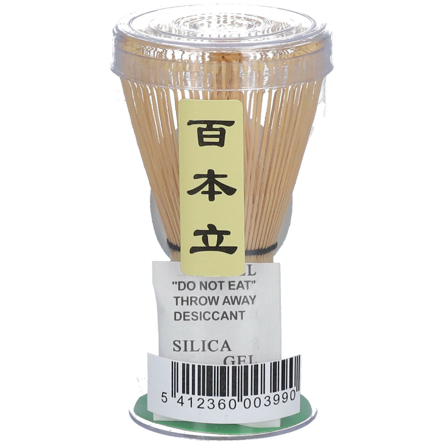 Bamboe klopper in verpakking. Geel etiket met Japanse karakters. Silica Gel.