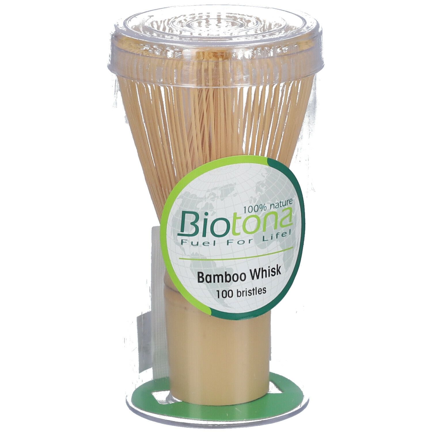 Bamboe klopper in verpakking. Rond etiket met "Biotona" en "Bamboo Whisk". 100 borstels.