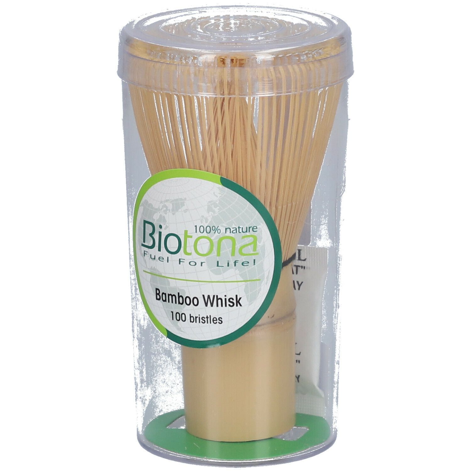 Bamboe klopper in verpakking. Rond etiket met "Biotona" en "Bamboo Whisk". 100 borstels.