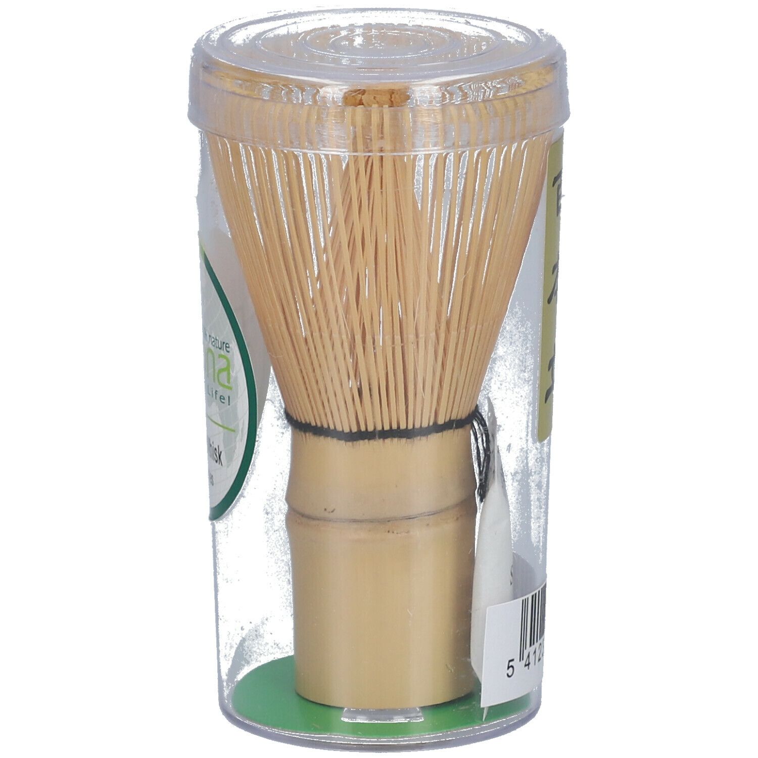 Bamboe klopper in verpakking. Etiket met "Biotona" en "Bamboo Whisk".