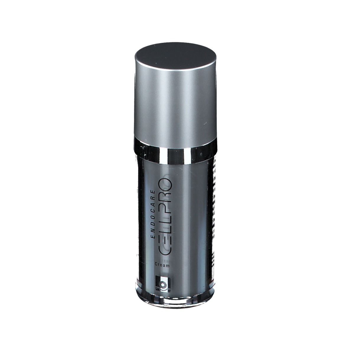 Flacon cylindrique avec bouchon argenté. Inscription: ENDOCARE CELLPRO Cream.
