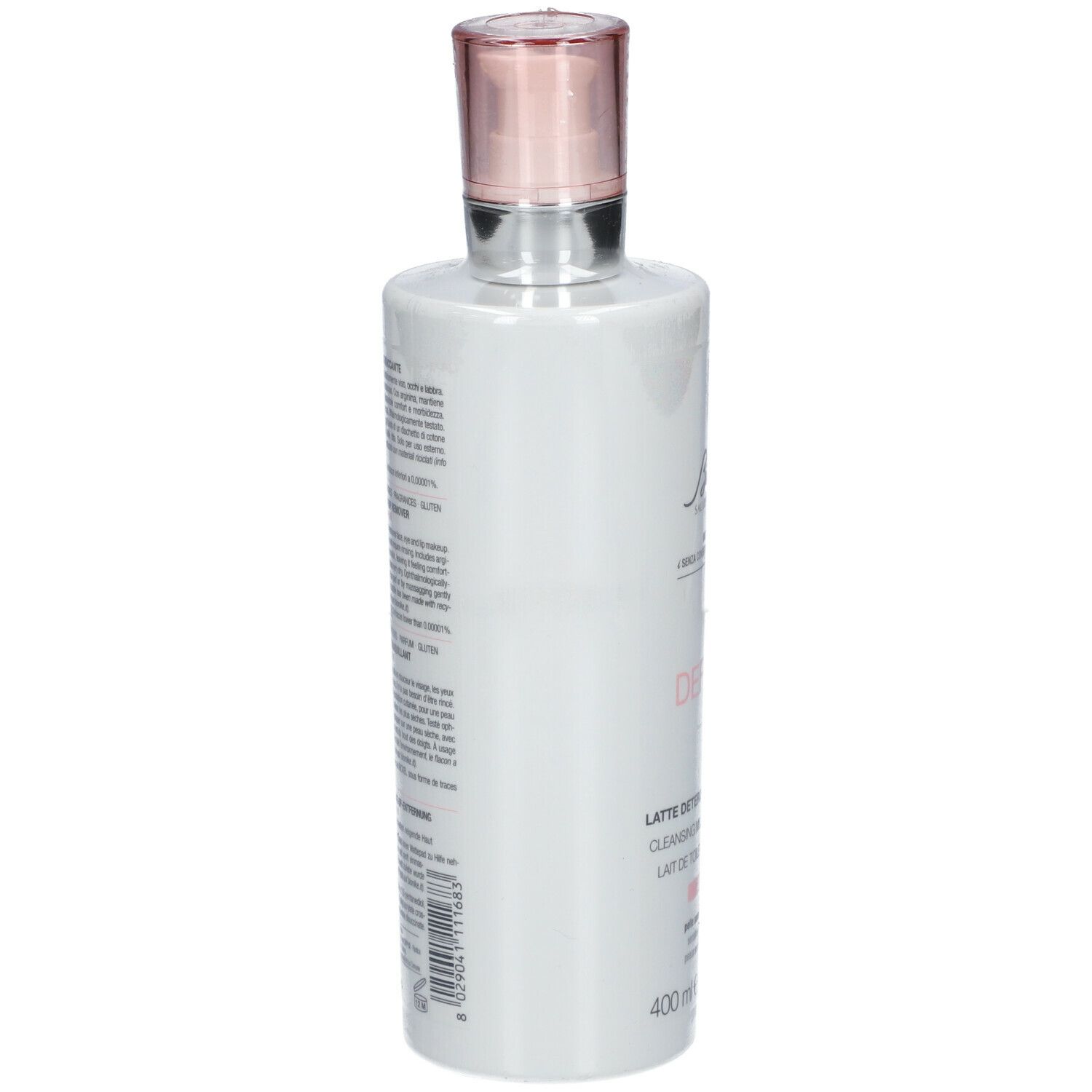 Weiße Flasche mit rosa Deckel. Text auf der Rückseite. 400 ml.