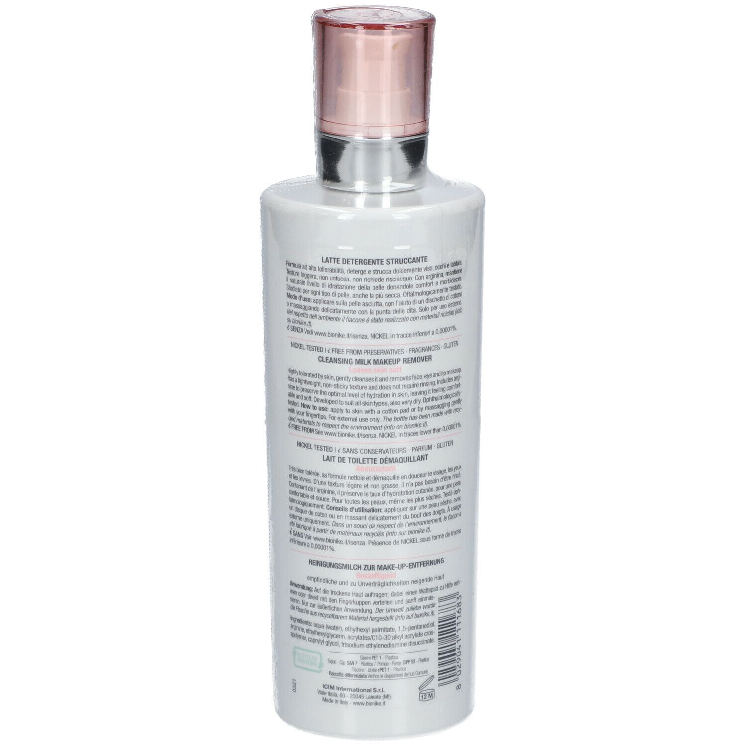 Weiße Flasche mit rosa Deckel. Text auf der Rückseite. 400 ml.