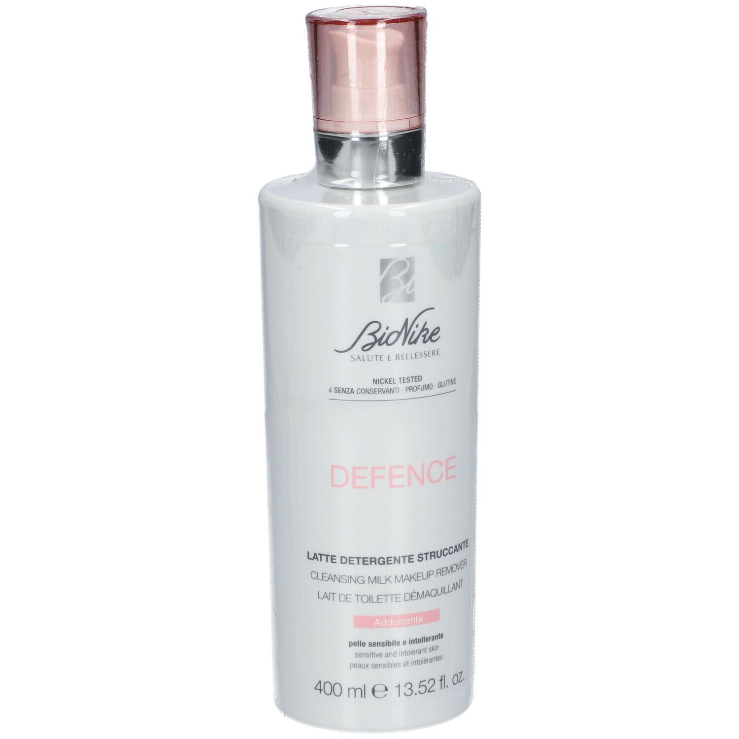 Weiße Flasche mit rosa Deckel. Aufschrift: BioNike, DEFENCE, Reinigungsmilch. 400 ml.