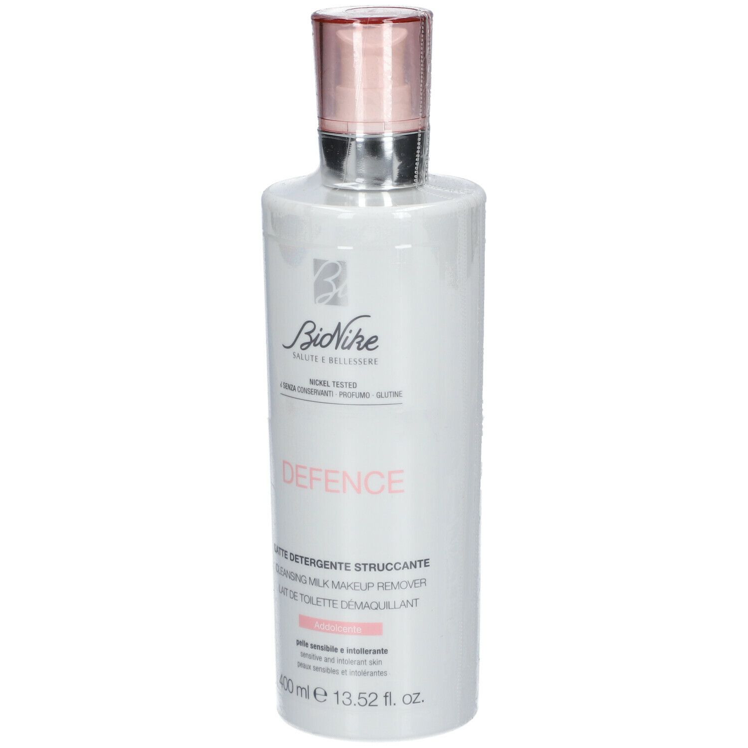 Weiße Flasche mit rosa Deckel. Aufschrift: BioNike, DEFENCE, Reinigungsmilch. 400 ml.