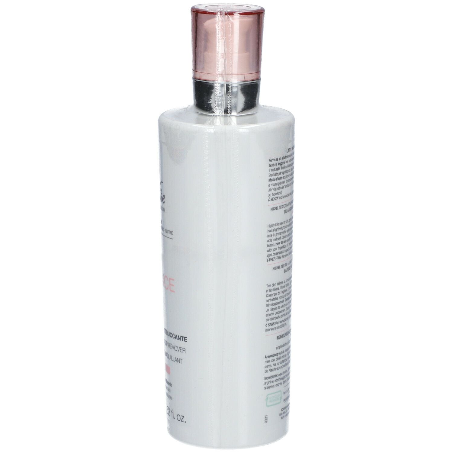 Weiße Flasche mit rosa Deckel. Text auf der Rückseite. 400 ml.