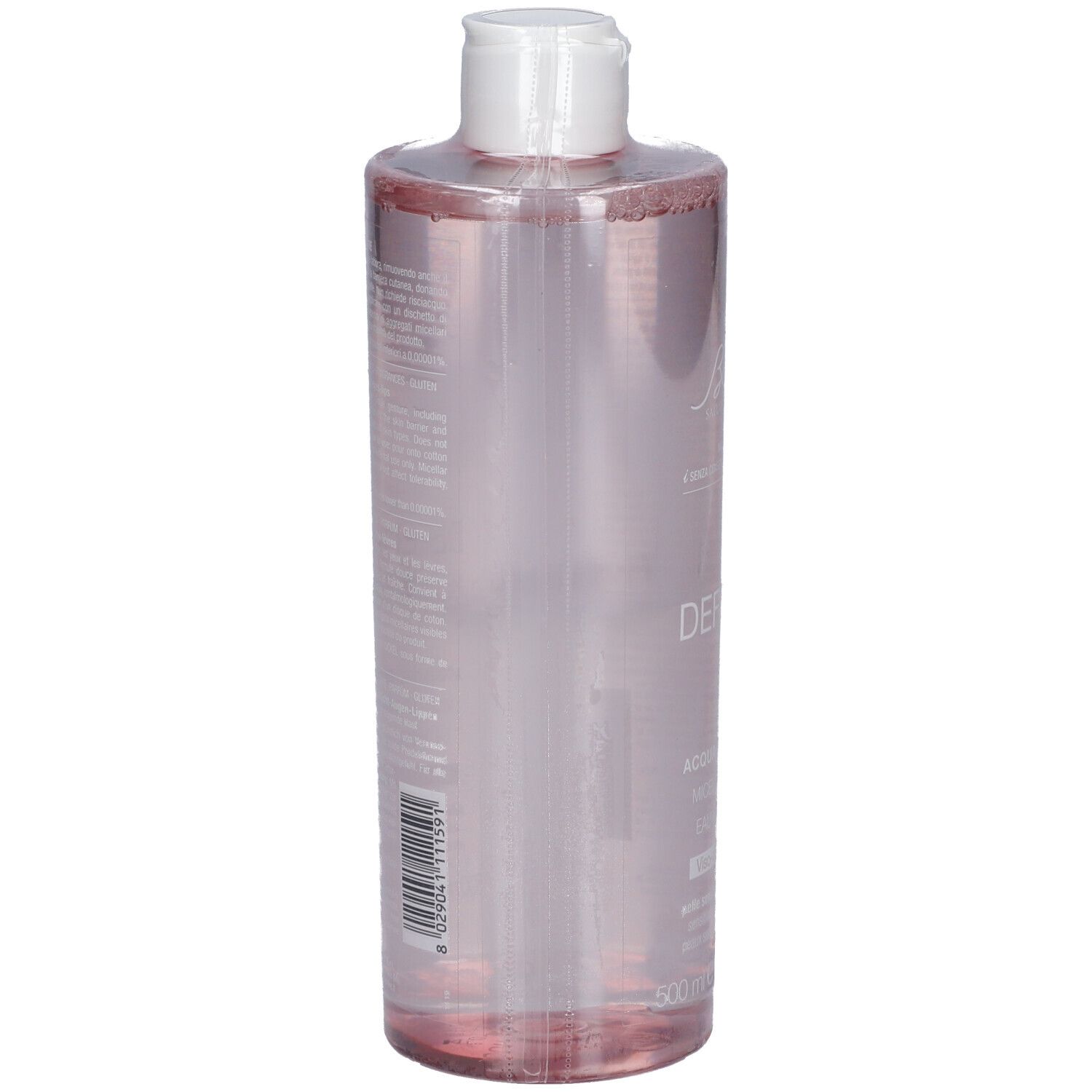 Transparente Flasche mit rosa Flüssigkeit. Weißer Deckel. Etikett mit Text und Barcode.