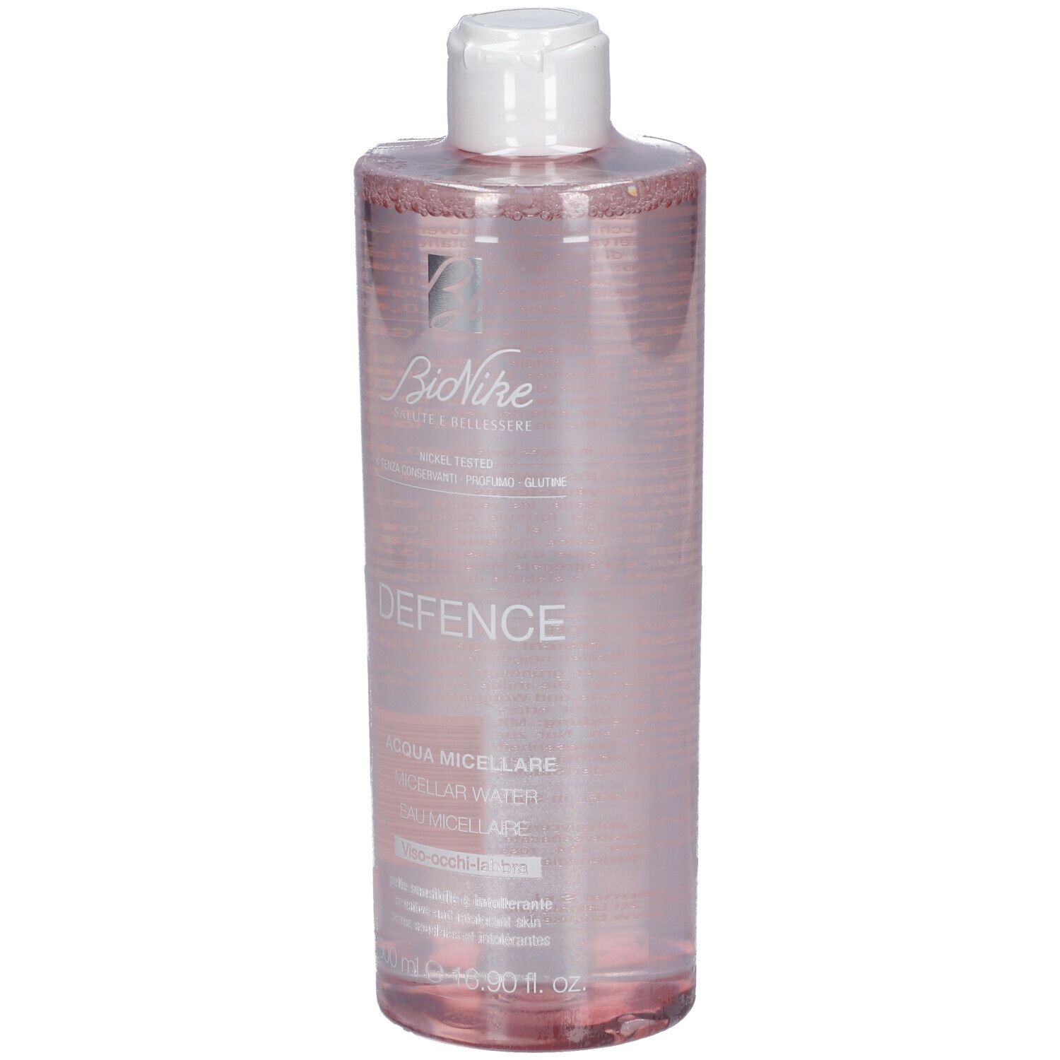 Transparente Flasche mit rosa Flüssigkeit. Weißer Deckel. Schriftzug DEFENCE und Markenlogo.