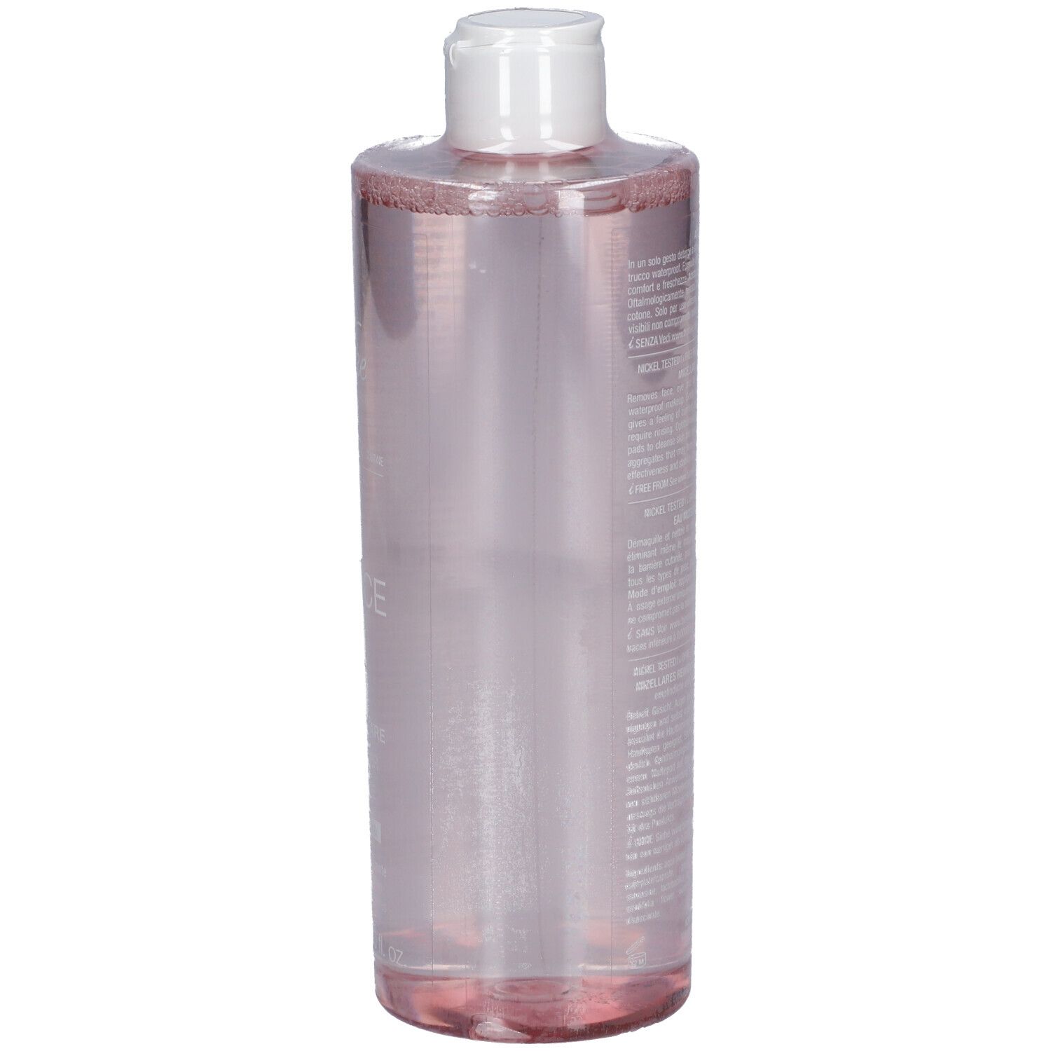Transparente Flasche mit rosa Flüssigkeit. Weißer Deckel. Etikett mit Text.