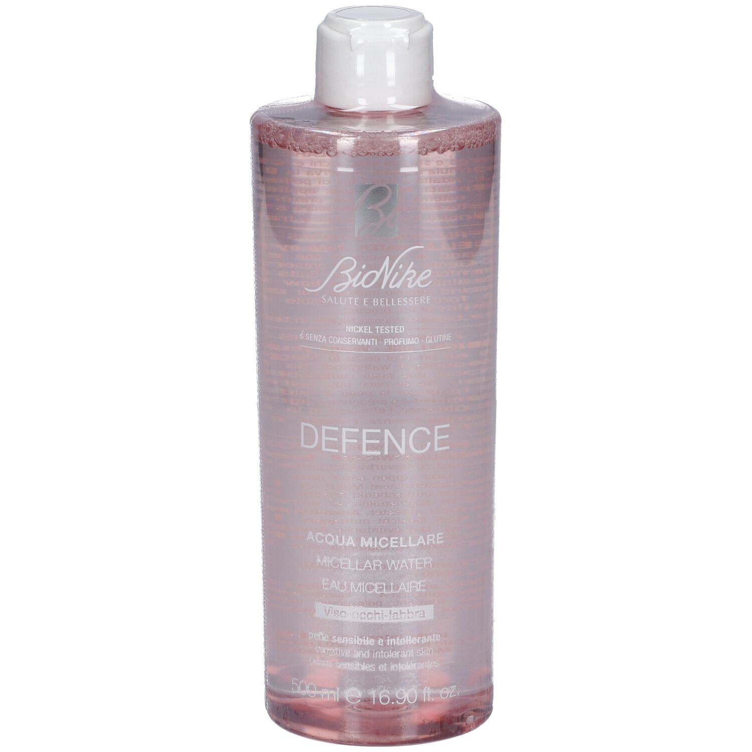 Transparente Flasche mit rosa Flüssigkeit. Weißer Deckel. Schriftzug DEFENCE und Markenlogo.