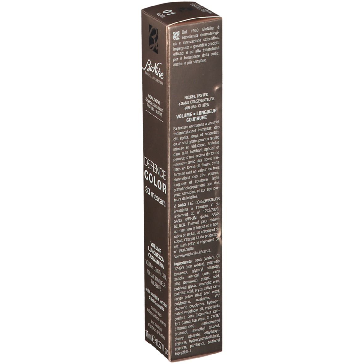 Braune Verpackung mit Text. "BioNike" und "DEFENCE COLOR 3D mascara" sind lesbar. Inhaltsstoffe.