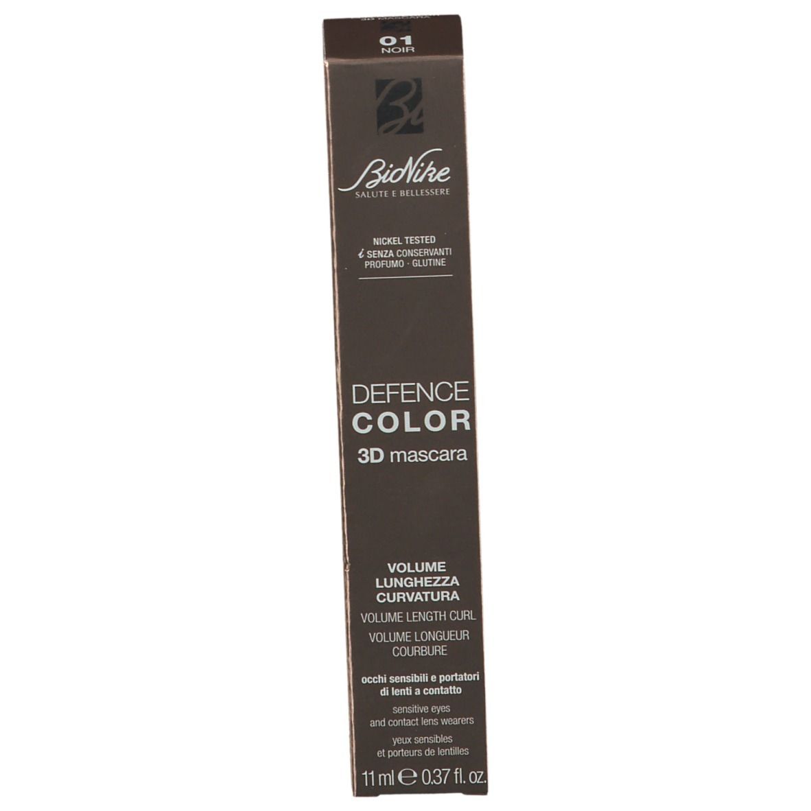 Braune Verpackung mit Text. "BioNike" und "DEFENCE COLOR 3D mascara" sind lesbar. 11ml.